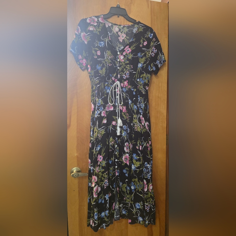 Floral Drawstring Midi Dress - Black with Pink & Blue Flowers